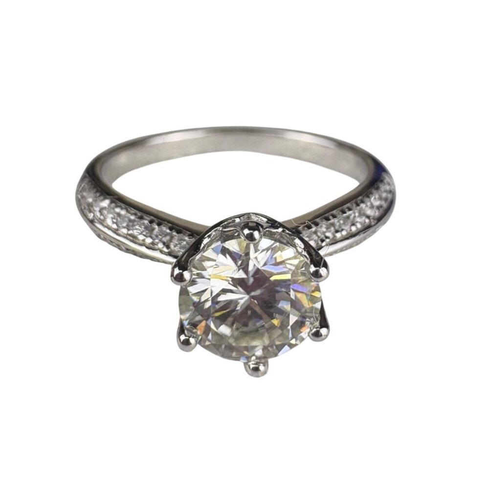 6 Moissanite Solitaire Engagement Ring Silver Tone Pave Band Includes Certificat